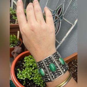 Vintage Green Stone Silver Panel Bracelet